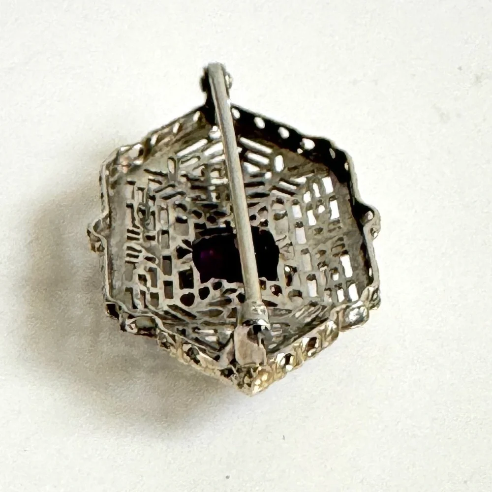 Art Deco 10K White Gold Brooch Filigree Amethyst Pin Ornate Victorian Vintage‎